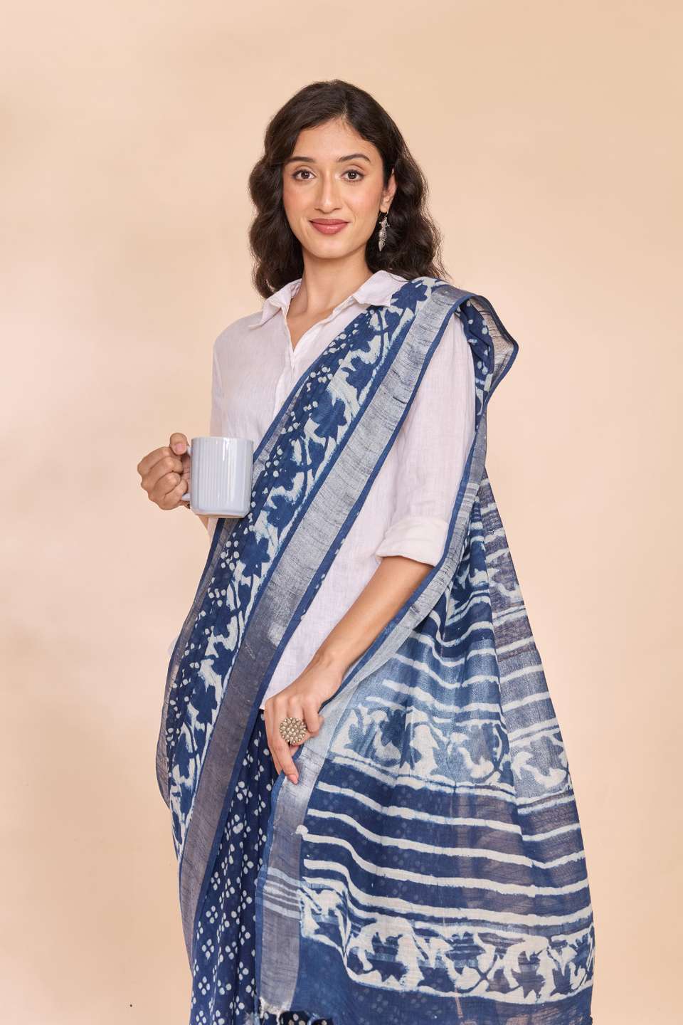 Blue Bagru Viscose Cotton Dabu Block Printed Saree