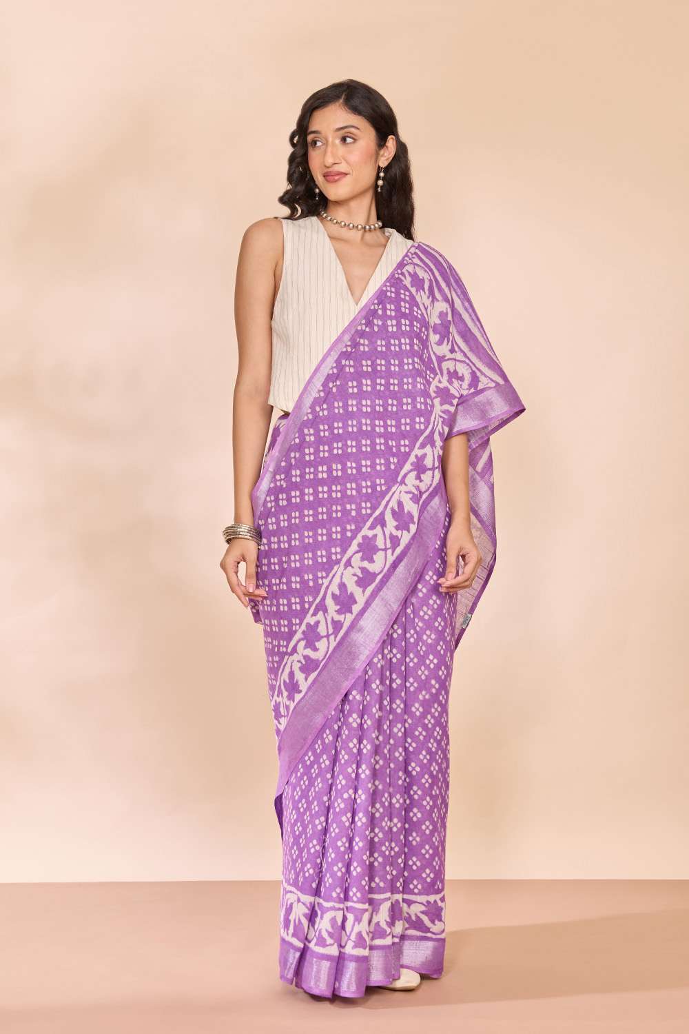 Light Violet Bagru Viscose Cotton Dabu Block Printed Saree image number null