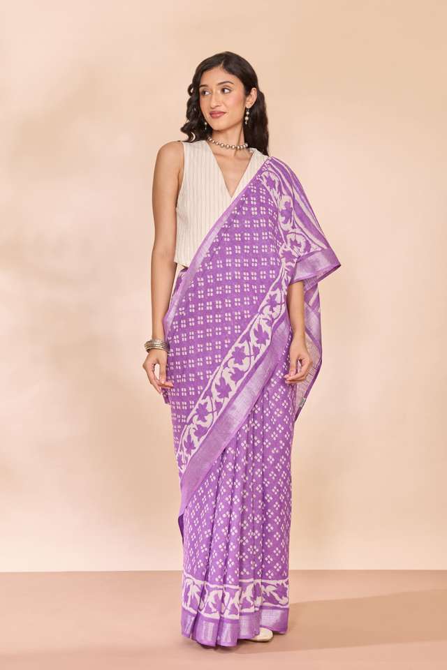 Light Violet Bagru Viscose Cotton Dabu Block Printed Saree thumbnail image number null