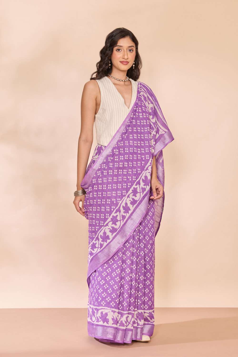 Light Violet Bagru Viscose Cotton Dabu Block Printed Saree image number null