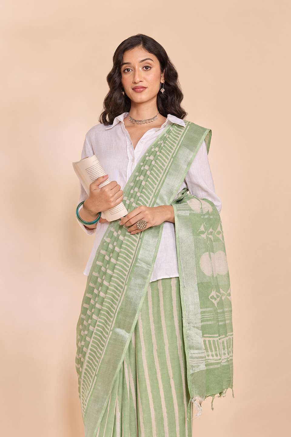 Green Bagru Viscose Cotton Dabu Block Printed Saree