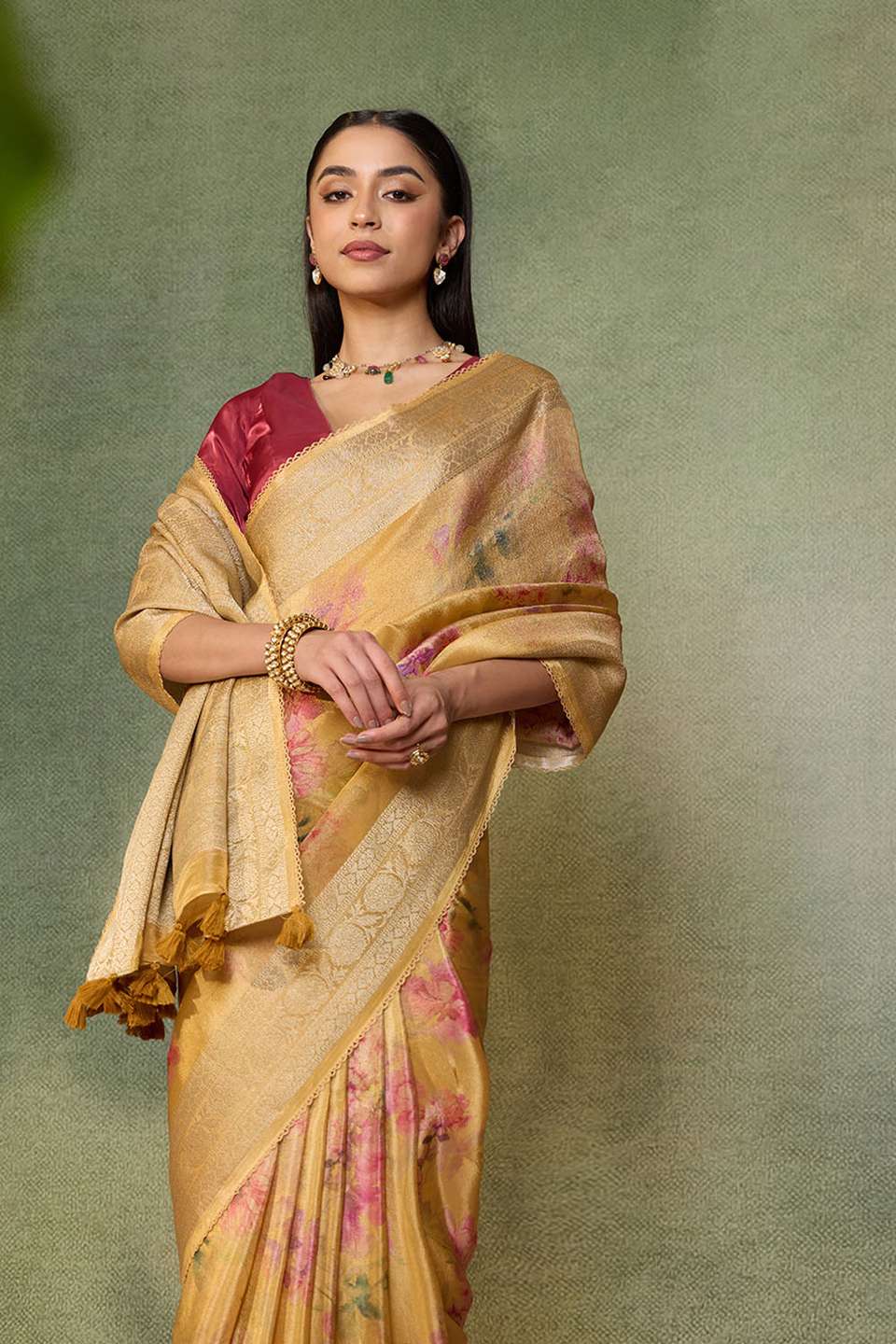 Yellow Printed Viscose Tissue Saree