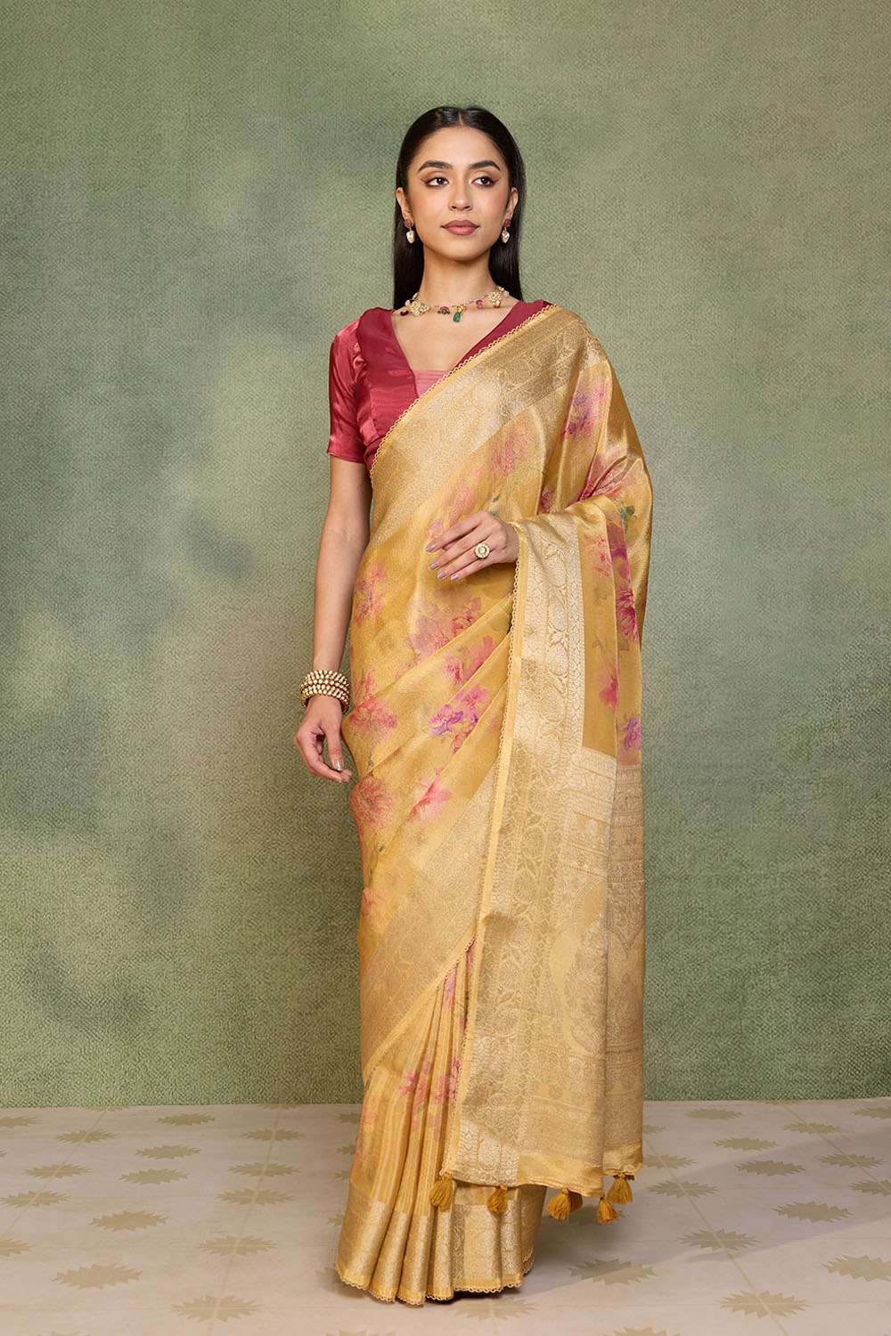 Yellow Printed Viscose Tissue Saree image number null