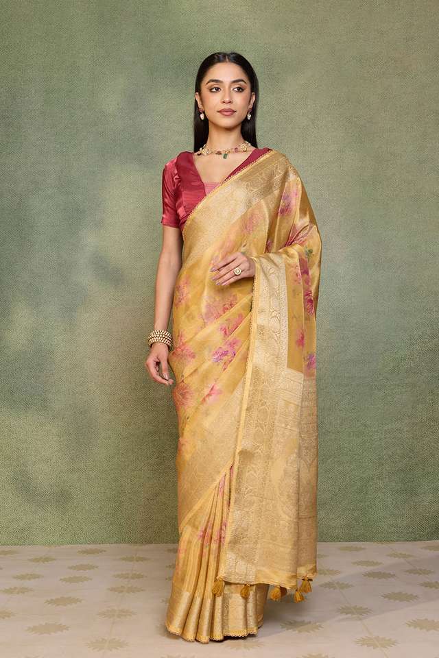 Yellow Printed Viscose Tissue Saree thumbnail image number null