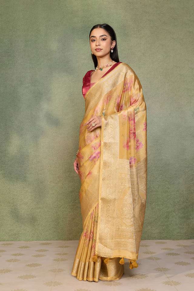 Yellow Printed Viscose Tissue Saree thumbnail image number null