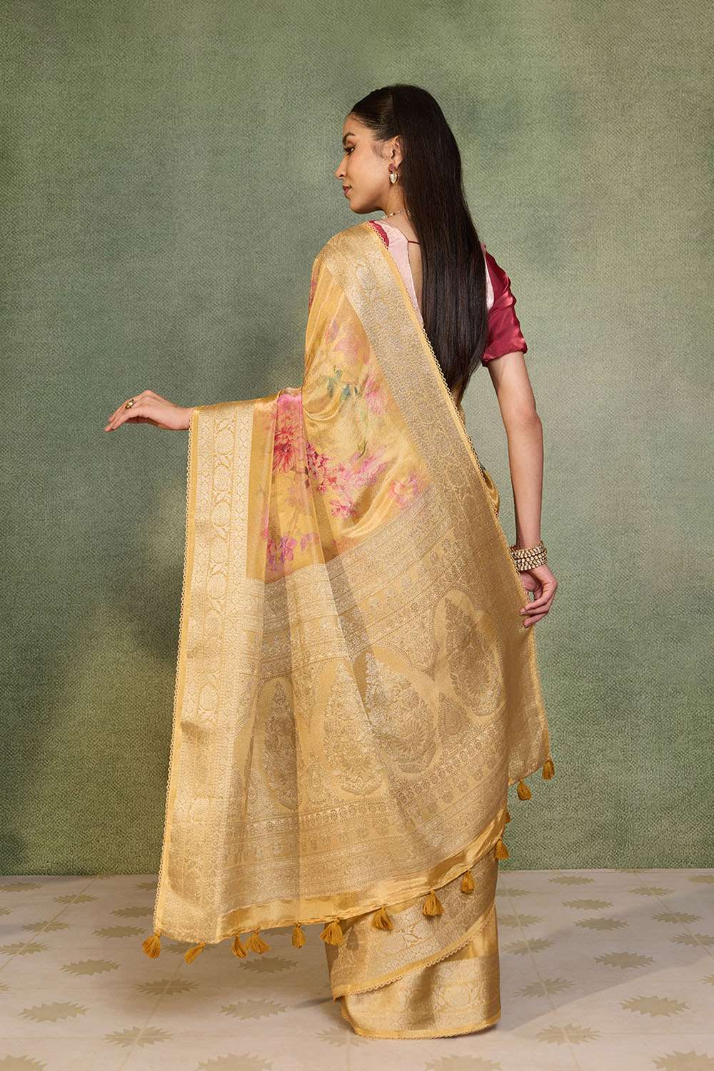 Yellow Printed Viscose Tissue Saree image number null