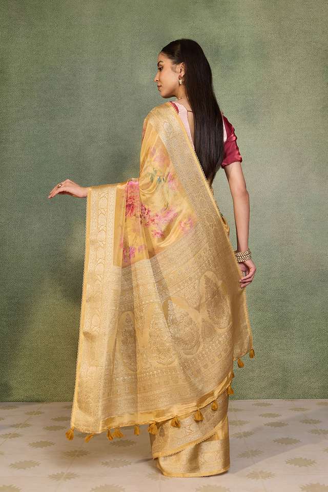 Yellow Printed Viscose Tissue Saree thumbnail image number null