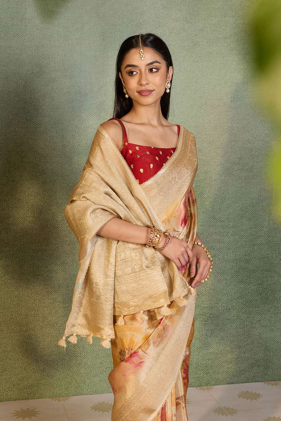 Beige Printed Viscose Tissue Saree
