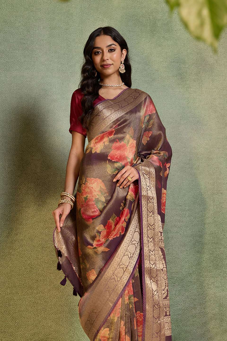 Purple Printed Viscose Tissue Saree