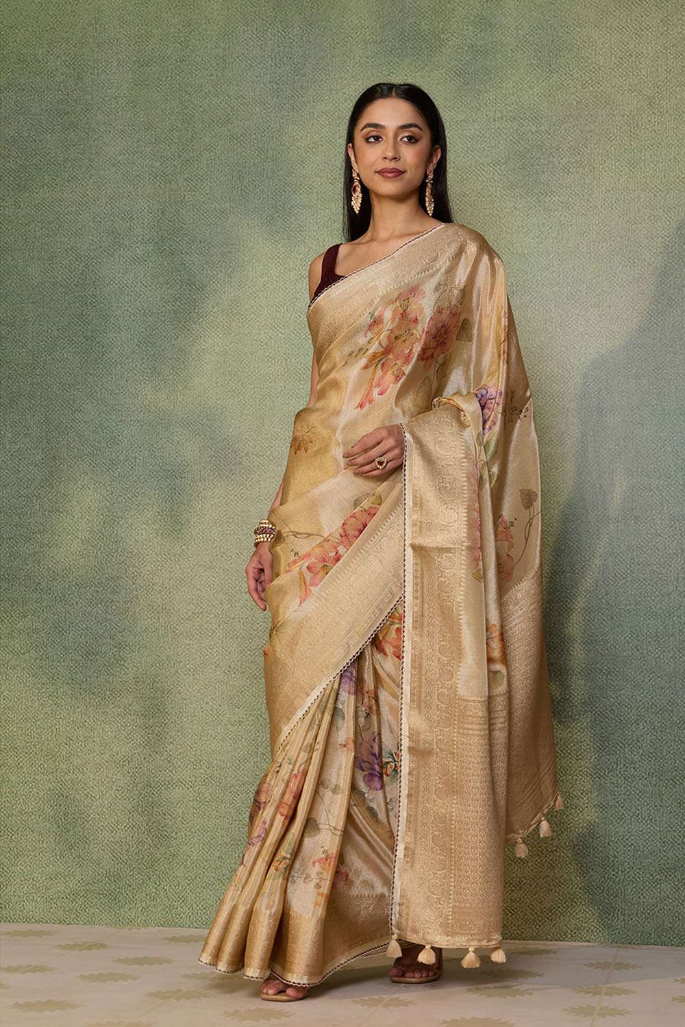 Beige Printed Viscose Tissue Saree image number null