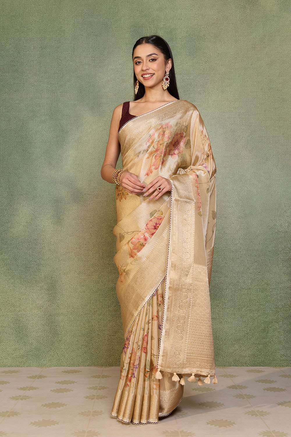 Beige Printed Viscose Tissue Saree image number null
