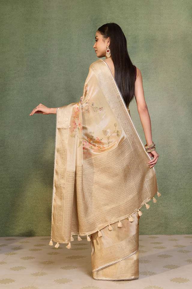 Beige Printed Viscose Tissue Saree thumbnail image number null