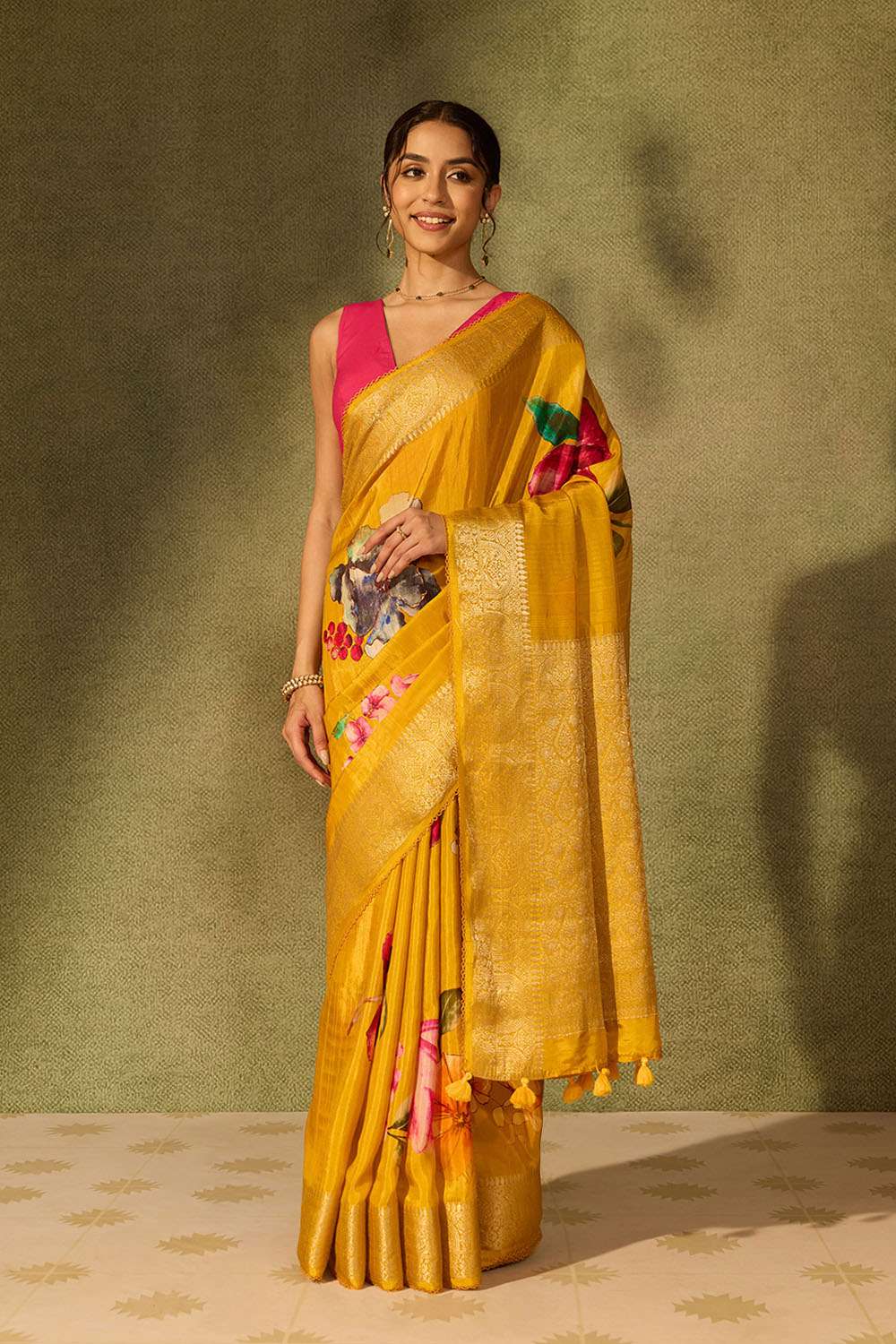 Yellow Pure Viscose Printed Saree image number null