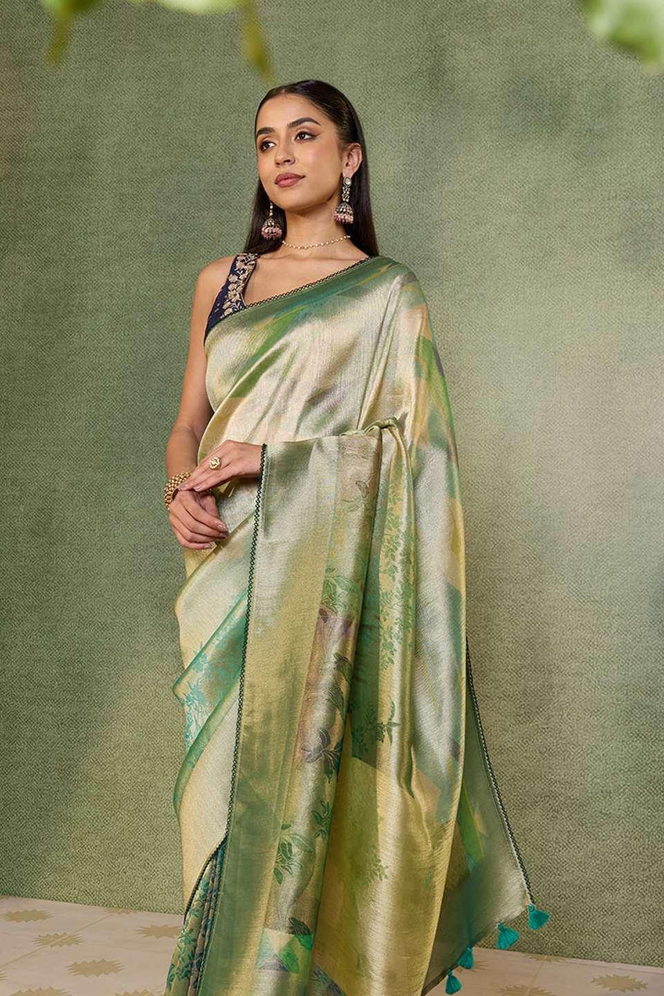 Green Printed Viscose Tissue Saree