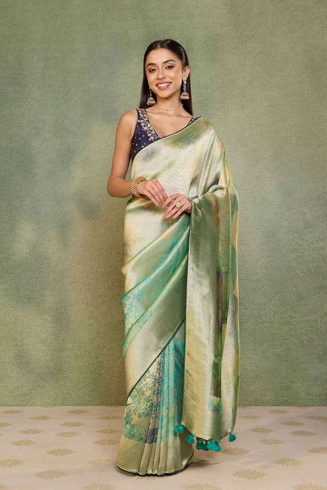 Green Printed Viscose Tissue Saree thumbnail image number null