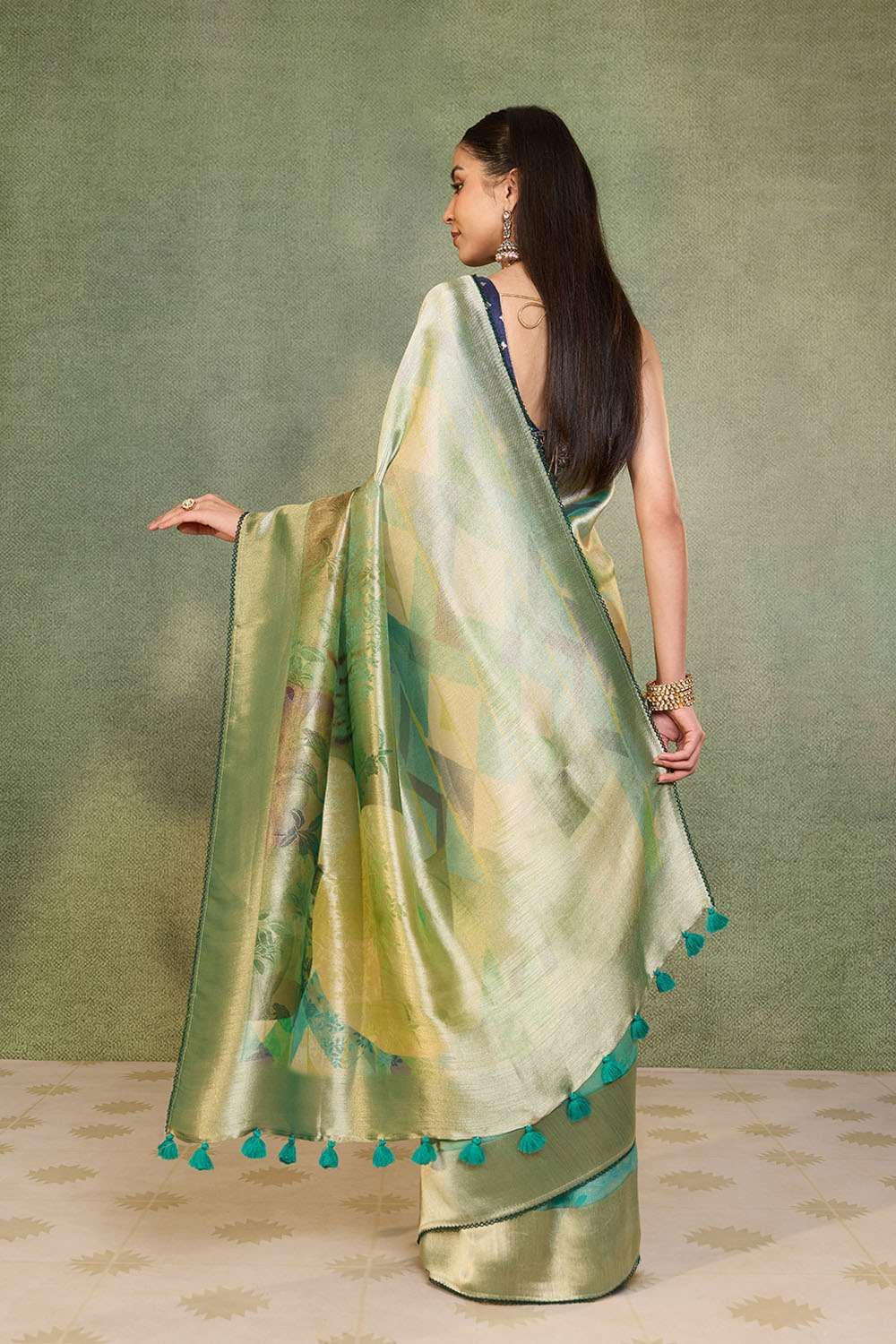 Green Printed Viscose Tissue Saree image number null