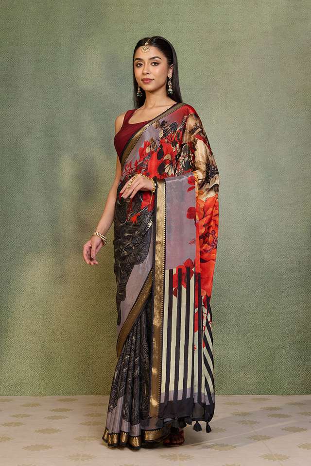 Black Printed Pure Viscose Saree thumbnail image number null