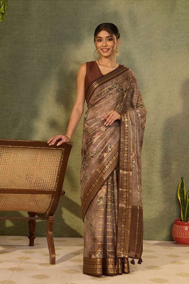 Brown Printed Pure Viscose Saree thumbnail image number null