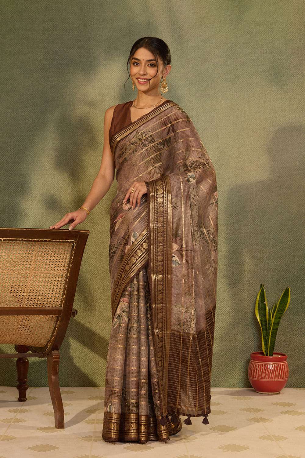 Brown Printed Pure Viscose Saree image number null