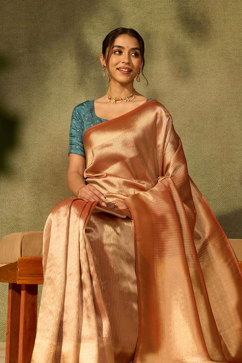 Light Red Viscose Tissue Woven Saree