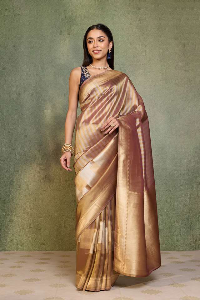 Brown Woven Viscose Tissue Saree thumbnail image number null