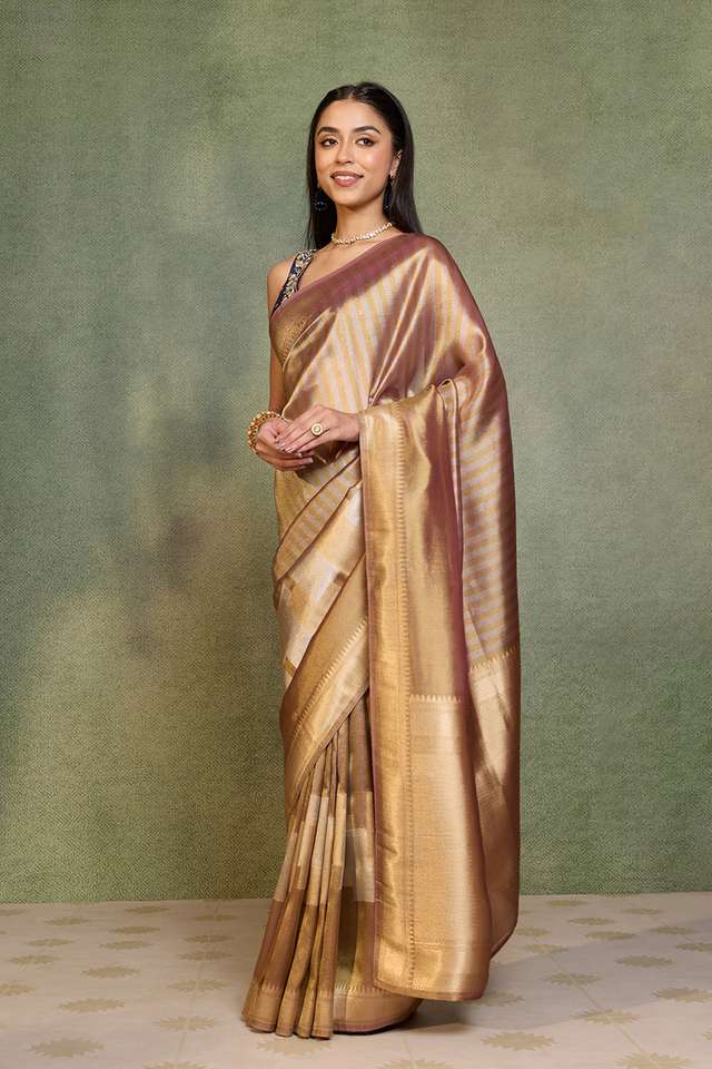Brown Woven Viscose Tissue Saree thumbnail image number null