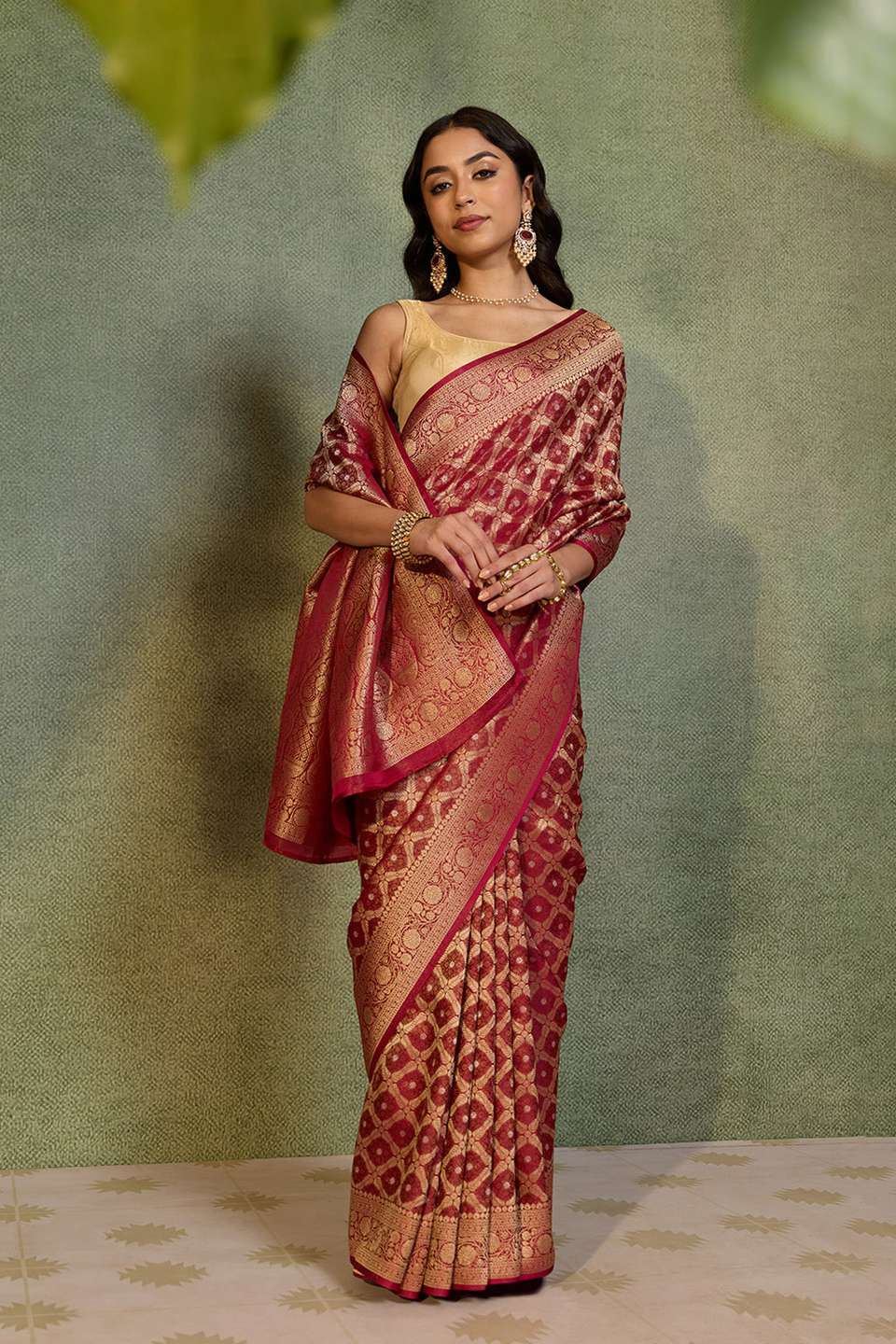 Dark Red   Woven Viscose Tissue Saree