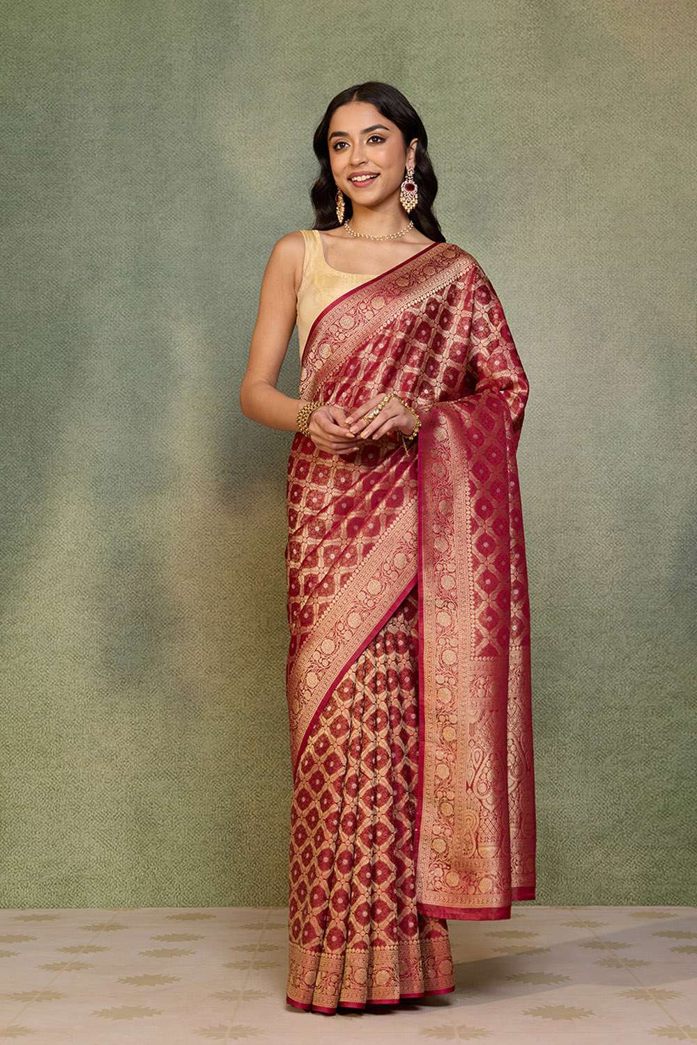 Dark Red   Woven Viscose Tissue Saree image number null
