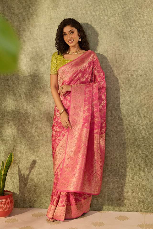 Pink Viscose Tissue Woven Saree image number