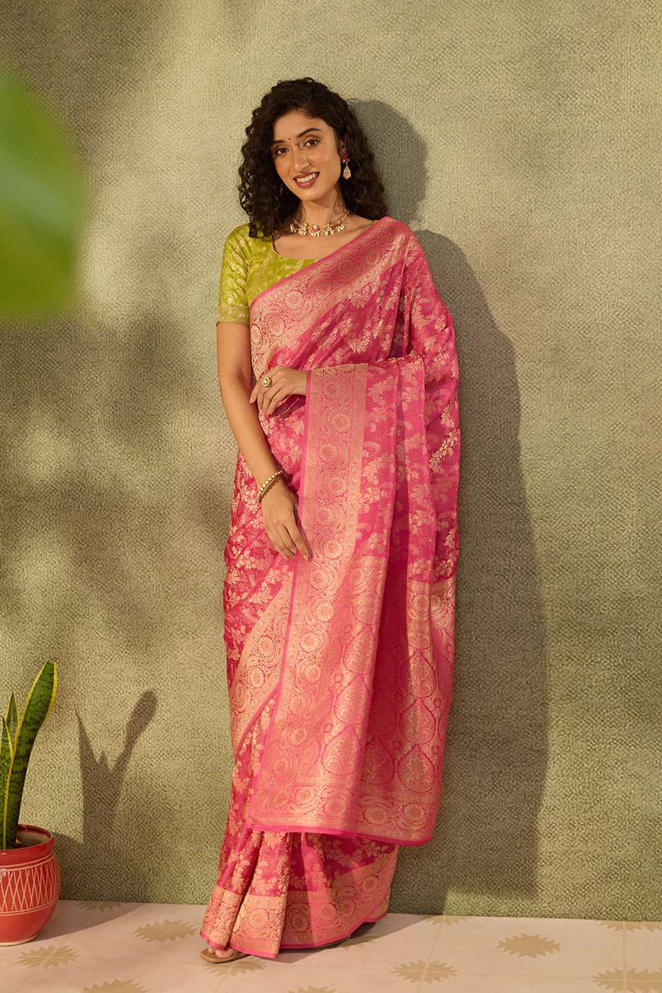 Pink Viscose Tissue Woven Saree