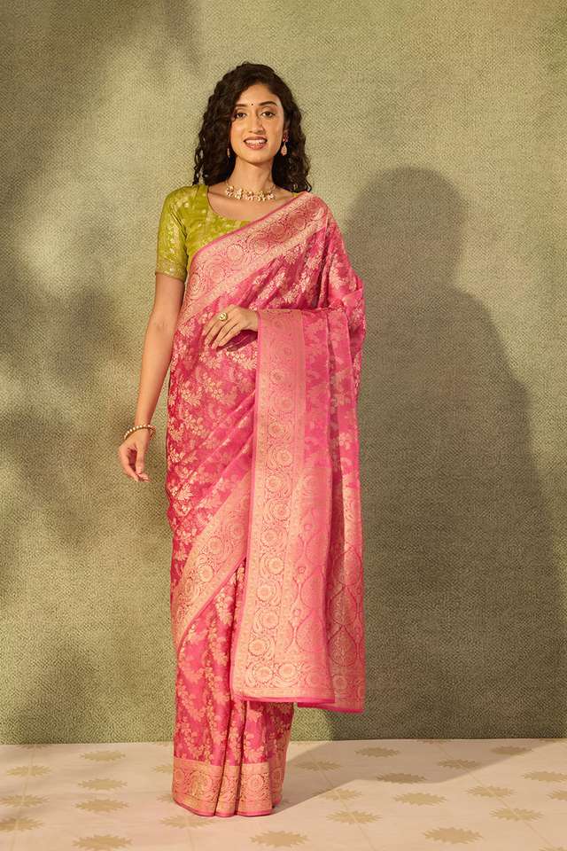 Pink Viscose Tissue Woven Saree thumbnail image number null