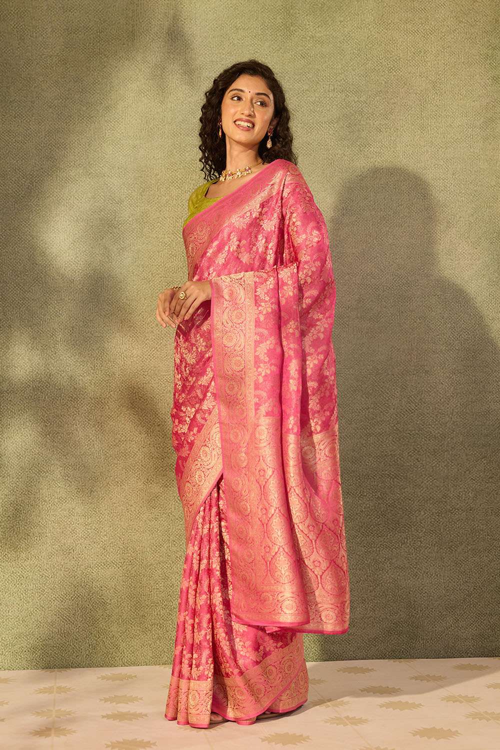 Pink Viscose Tissue Woven Saree image number null