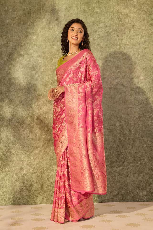 Pink Viscose Tissue Woven Saree thumbnail image number null