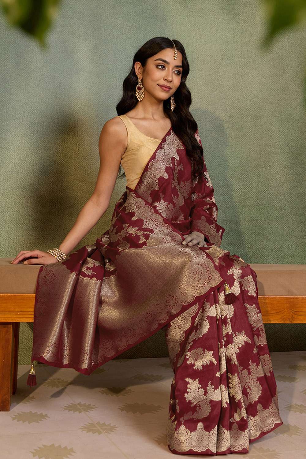 Dark Red Woven Pure Viscose Saree image number null