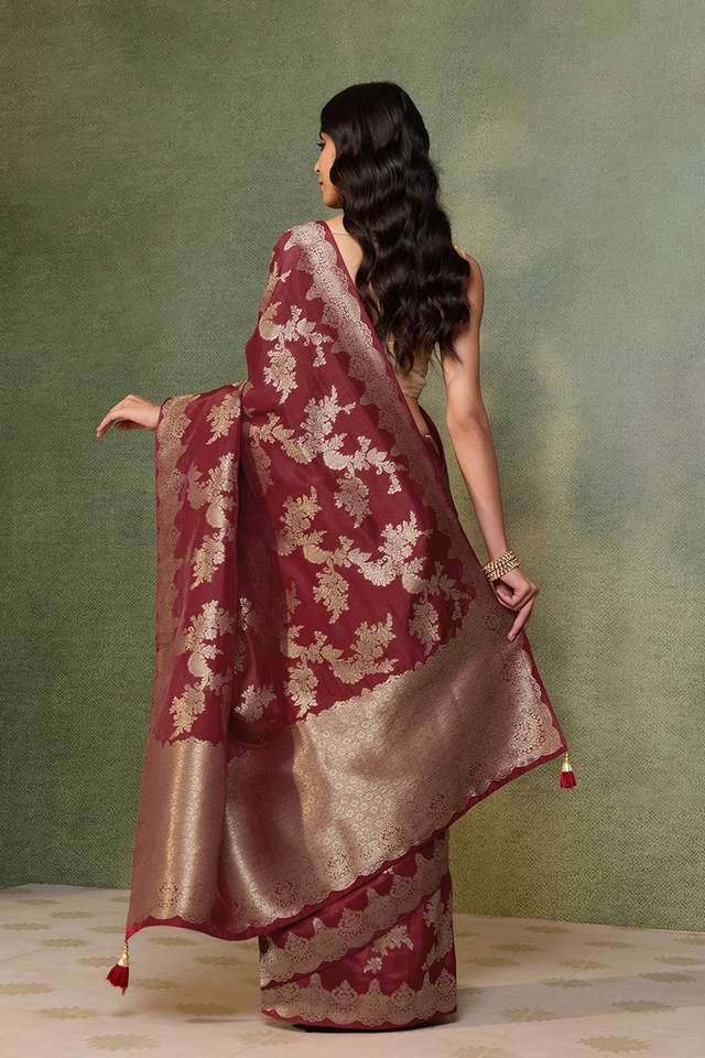Dark Red Woven Pure Viscose Saree thumbnail image number null
