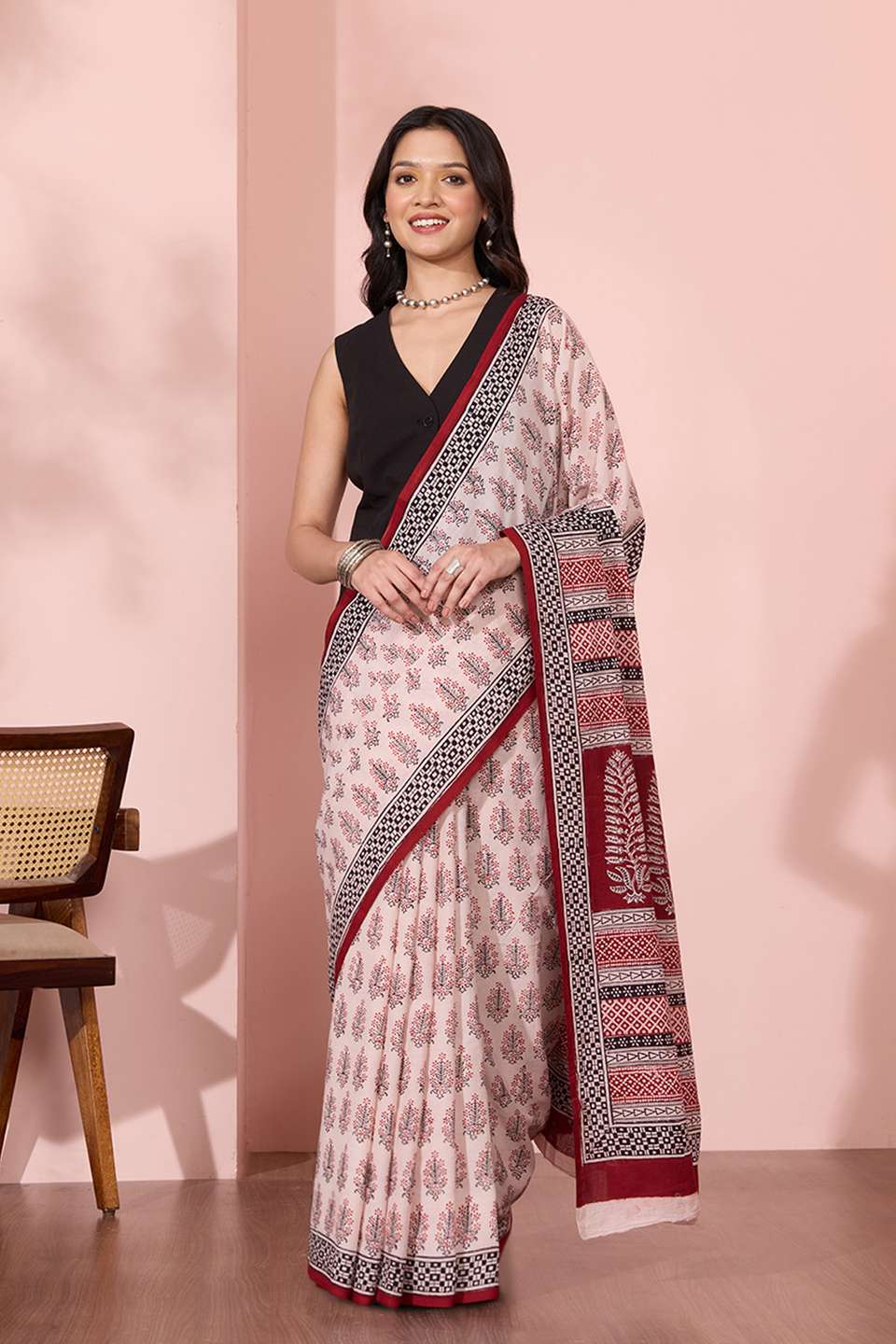 Off White Bagh Block Printed Pure Cotton Saree