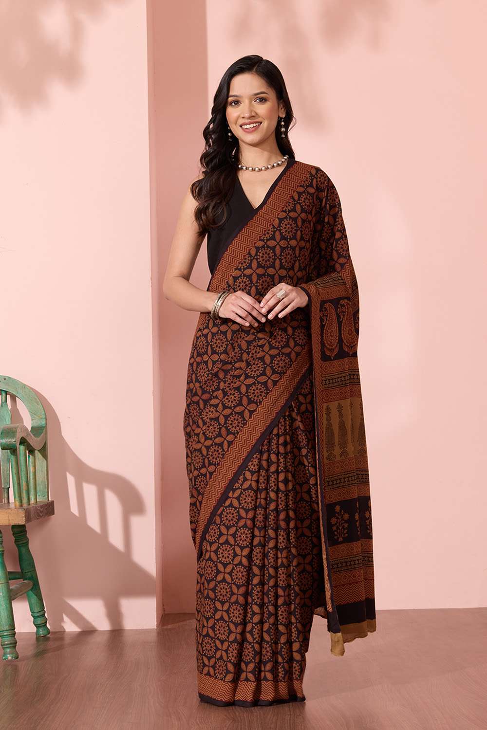 Black Bagh Block Printed Pure Cotton Saree image number null