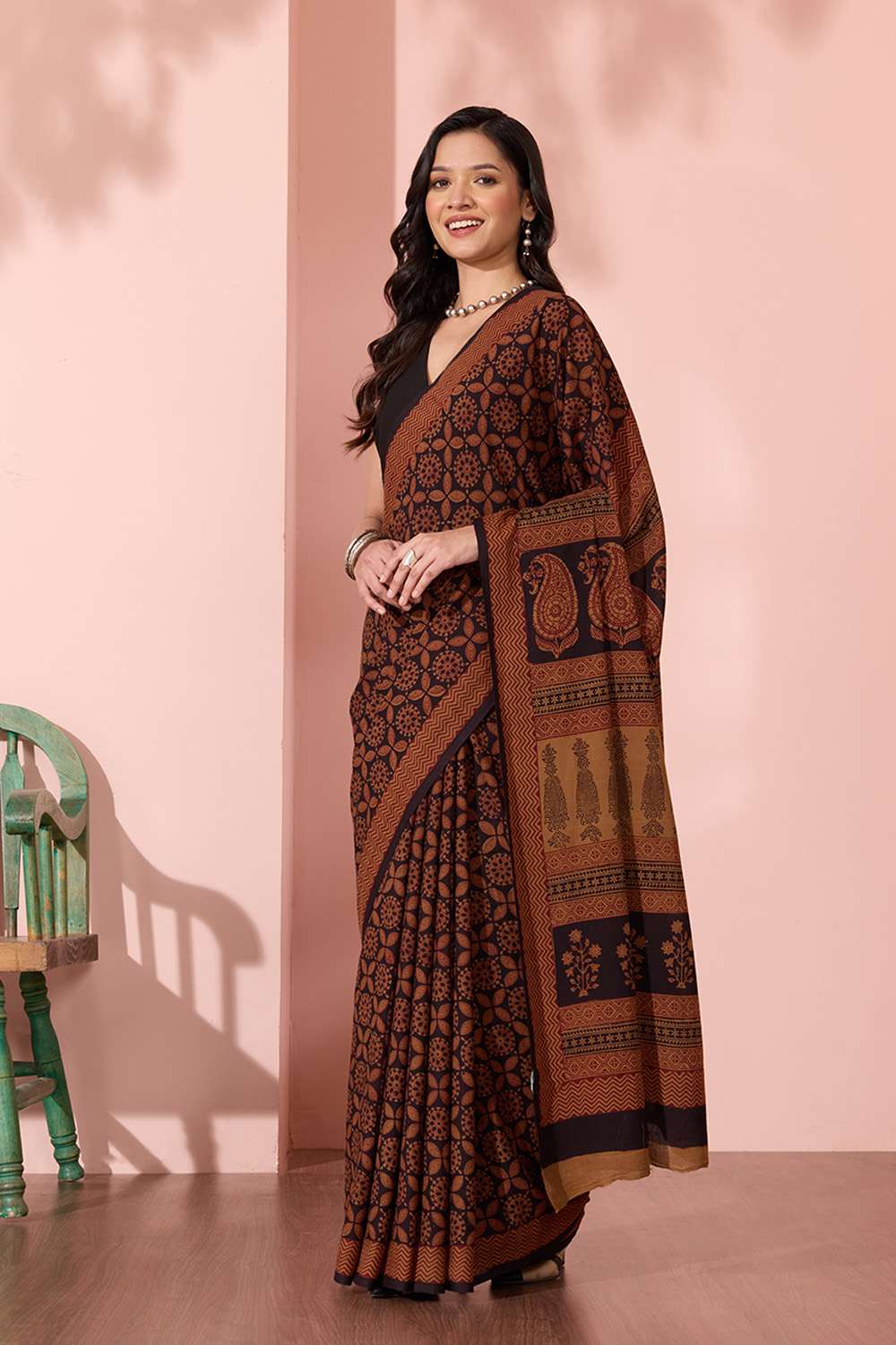 Black Bagh Block Printed Pure Cotton Saree image number null