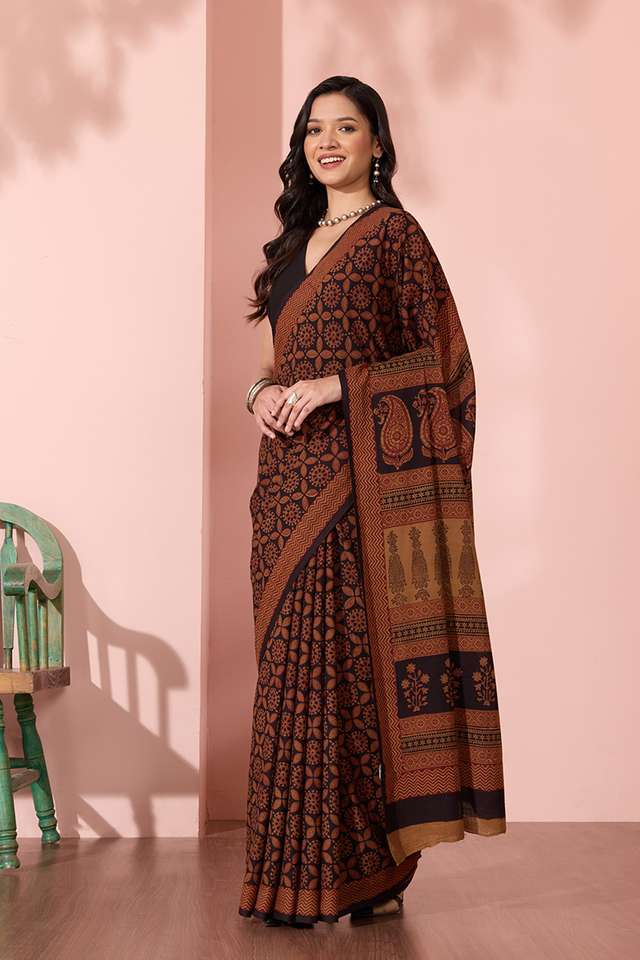 Black Bagh Block Printed Pure Cotton Saree thumbnail image number null