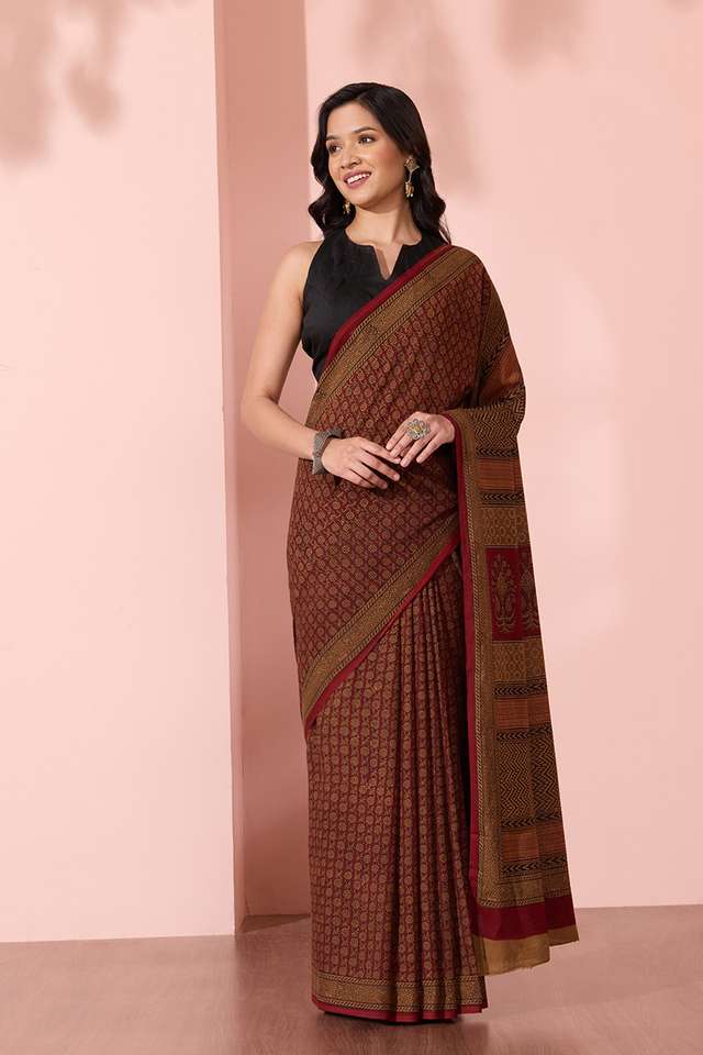 Dark Red Bagh Block Printed Pure Cotton Saree image number