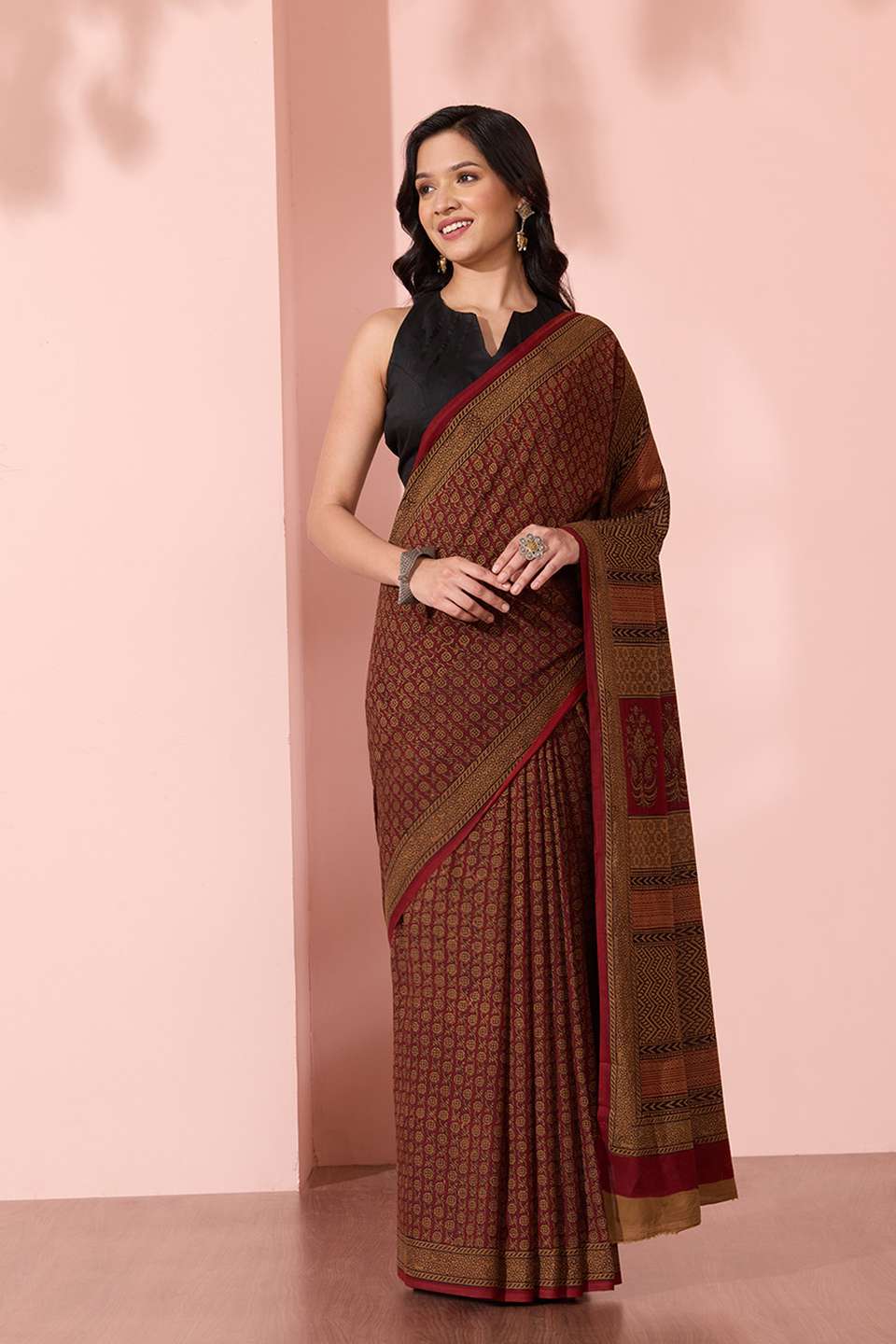 Dark Red Bagh Block Printed Pure Cotton Saree