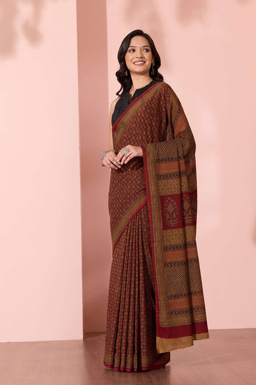 Dark Red Bagh Block Printed Pure Cotton Saree image number null