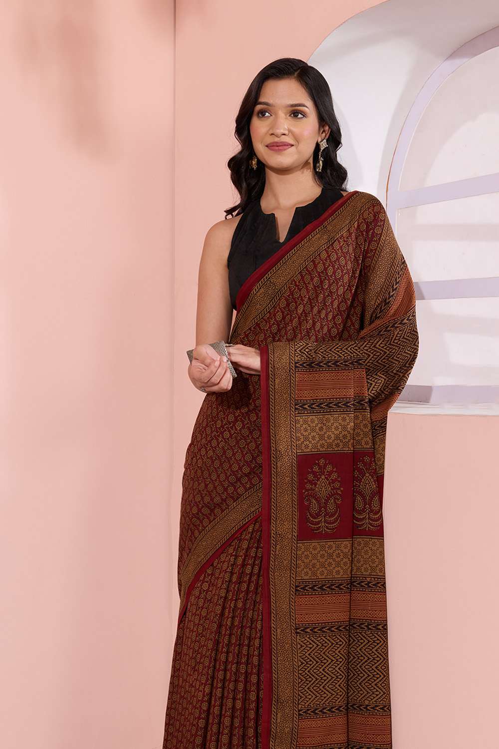 Dark Red Bagh Block Printed Pure Cotton Saree image number null