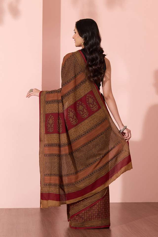 Dark Red Bagh Block Printed Pure Cotton Saree thumbnail image number null