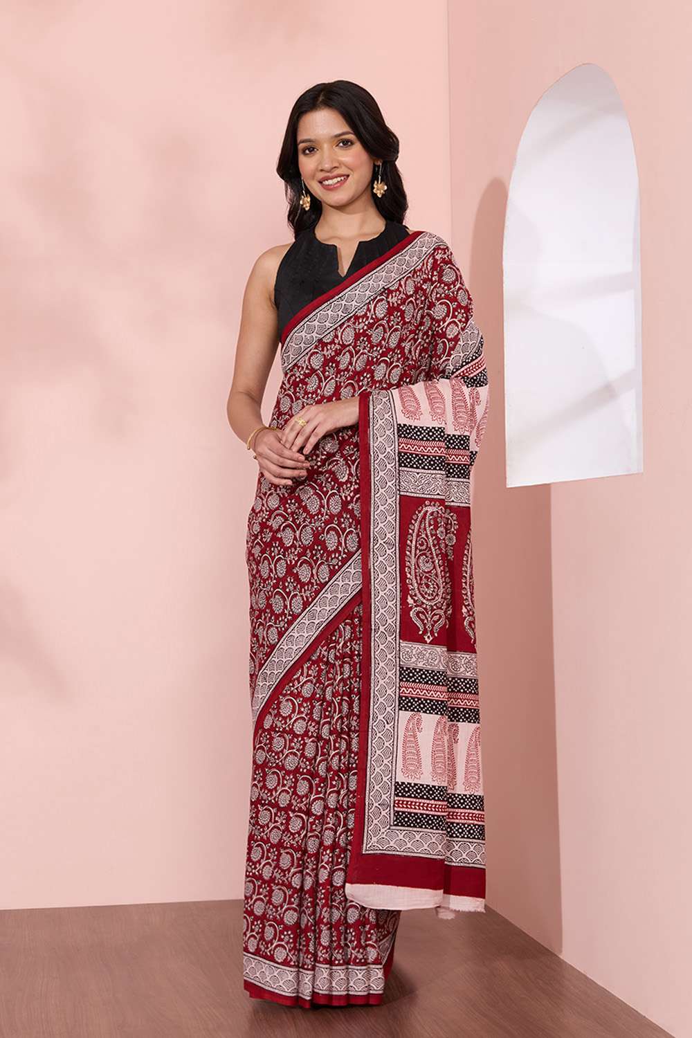Red Bagh Block Printed Pure Cotton Saree image number null