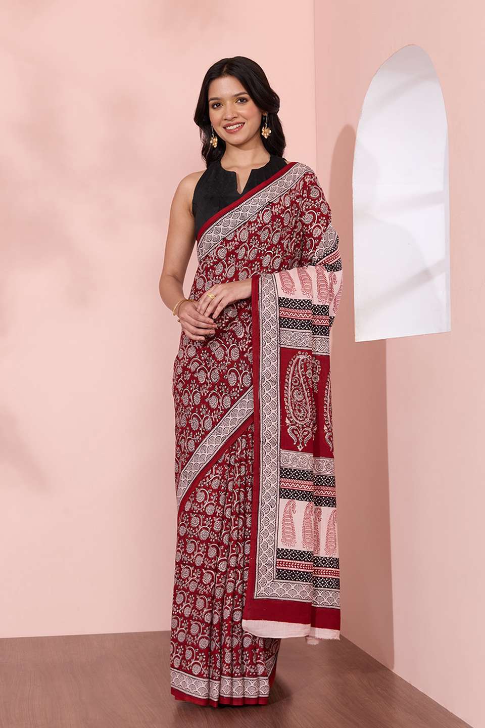 Red Bagh Block Printed Pure Cotton Saree