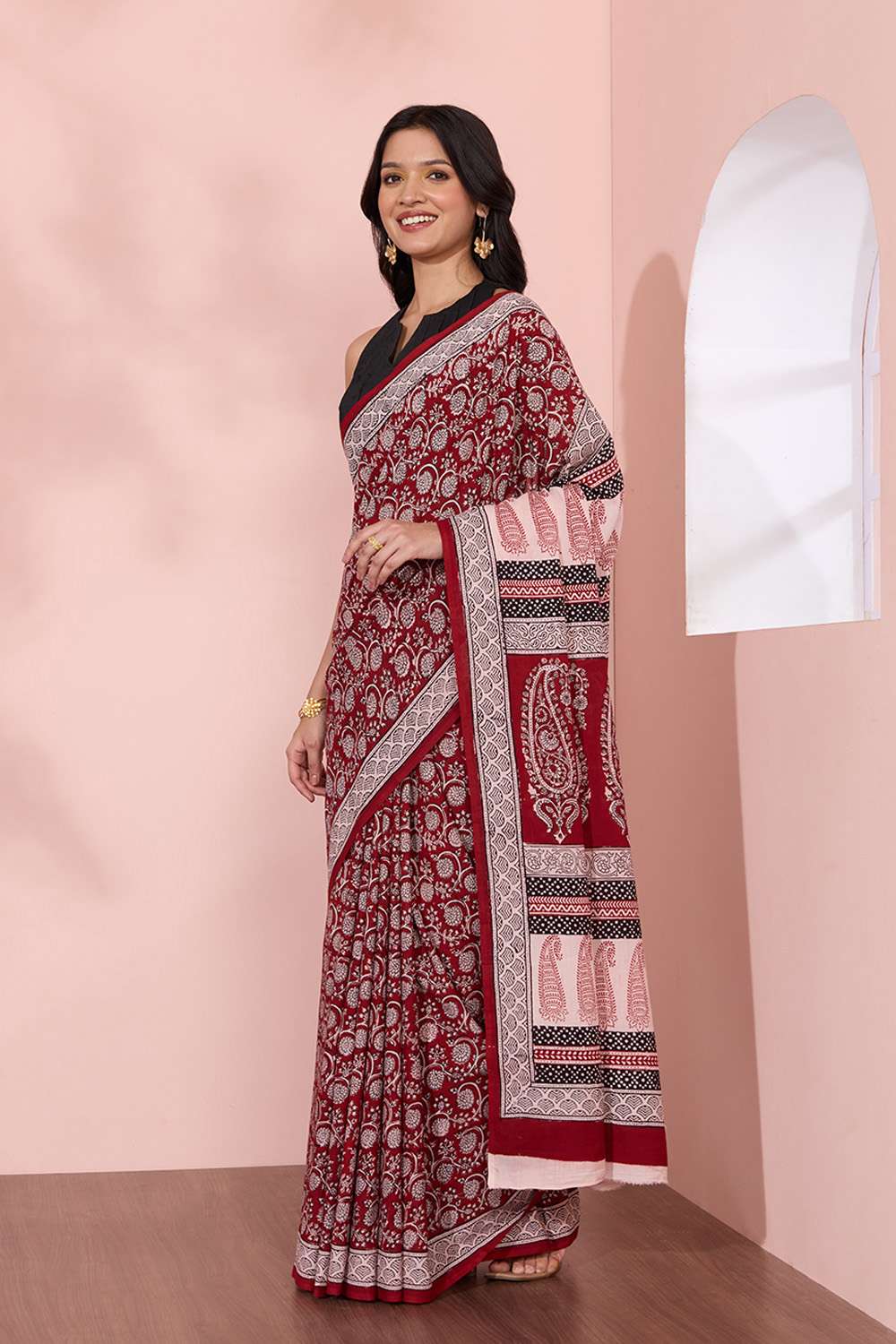 Red Bagh Block Printed Pure Cotton Saree image number null