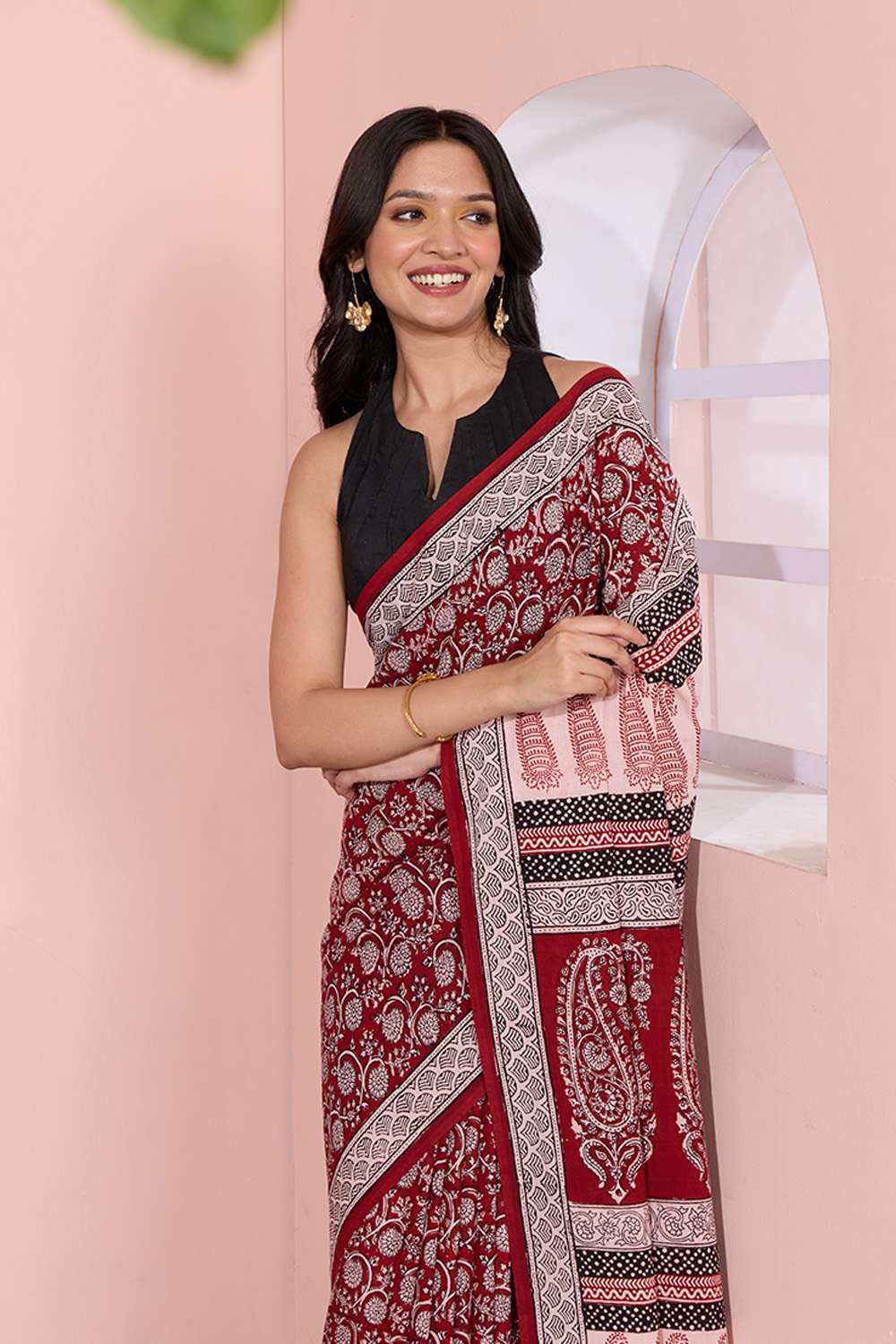 Red Bagh Block Printed Pure Cotton Saree image number null