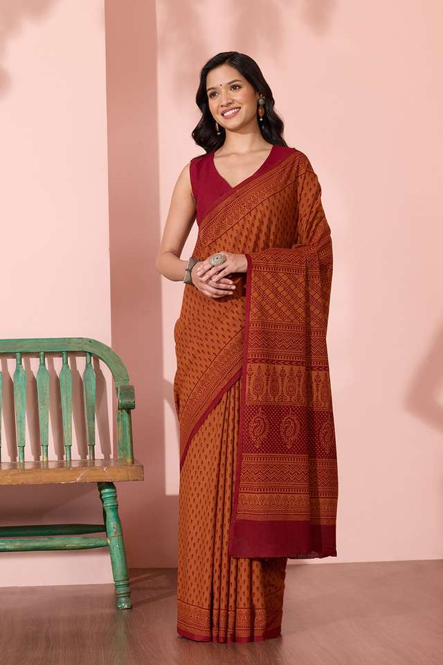 Orange Bagh Block Printed Pure Cotton Saree image number