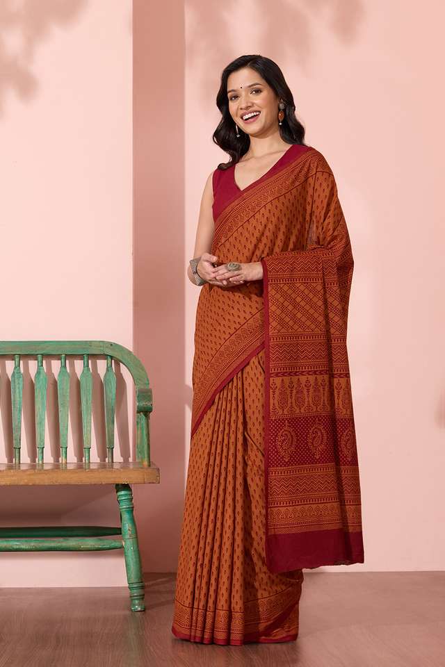 Orange Bagh Block Printed Pure Cotton Saree thumbnail image number null